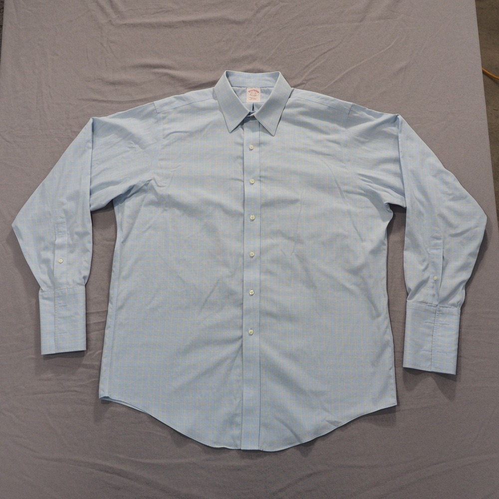 Brooks Brothers Shirt Men 16.5 Blue Check Traditional Fit Non Iron Preppy Dress